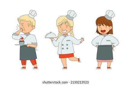 Little Boy and Girl Chef in White Toque and Jacket Holding Plate with Served Appetizing Meal Vector Illustration Set