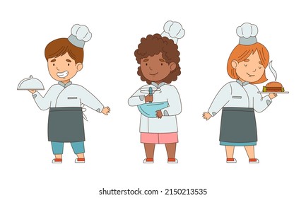 Little Boy and Girl Chef in White Toque and Jacket Holding Plate with Served Appetizing Meal Vector Illustration Set