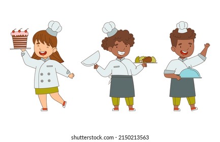 Little Boy and Girl Chef in White Toque and Jacket Holding Plate with Served Appetizing Meal Vector Illustration Set