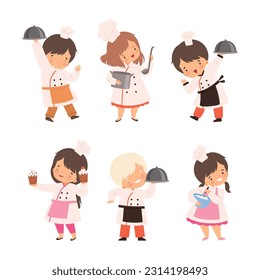 Little Boy and Girl Chef in White Toque and Jacket Holding Tray with Appetizing Dish Vector Set