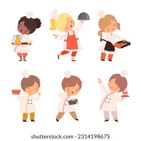 Little Boy and Girl Chef in White Toque and Jacket Holding Tray with Appetizing Dish Vector Set