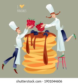 Little boy and girl chefs decorate huge stack of pancakes with berries. Happy Pancake Day! Vector illustration