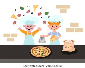 A little boy and girl in a chef's hats makes a pizza together. Children's illustration of baking pizza. Concept for a master class on making pizza for children. Kids cooking class poster. Vector