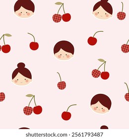 little boy , girl and cherry with leave  seamless pattern , vector , illustration