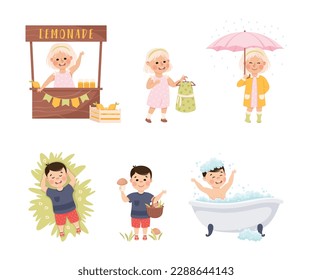 Little Boy and Girl in Childhood Engaged in Recreation Activity Vector Set