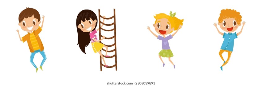 Little Boy and Girl Climbing Ladder and Jumping Vector Set