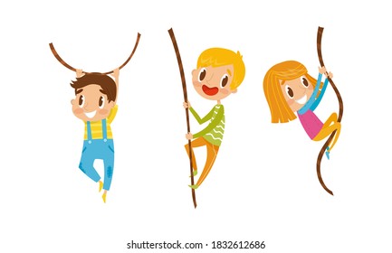 Little Boy and Girl Climbing and Swinging on Rope Vector Set