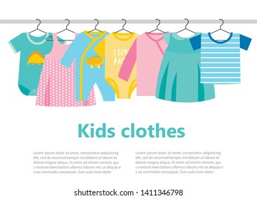 Little boy and girl clothes on hangers, vector illustration. Kids clothing 