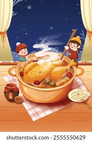 Little boy and girl cooking chicken soup in winter