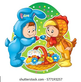 Little boy and girl in costume rabbit and chicken near the basket with flowers and Easter eggs. Cartoon vector illustration