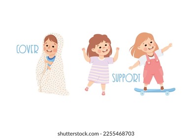 Little Boy and Girl Covering in Blanket and Supporting Friend on Skateboard Demonstrating Vocabulary and Verb Studying Vector Set