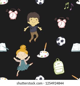 Little boy and girl daily routine cartoon seamless pattern. Music, arts, sport and exercises. African boy, dancing girl. Cute modern flat vector illustration on black background.