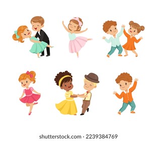 Little Boy and Girl Dancing and Moving to Music Vector Illustration Set