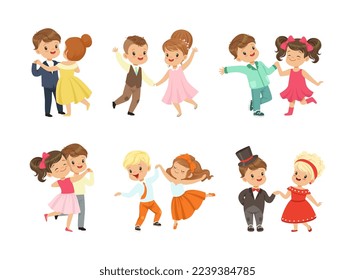 Little Boy and Girl Dancing and Moving to Music Vector Illustration Set