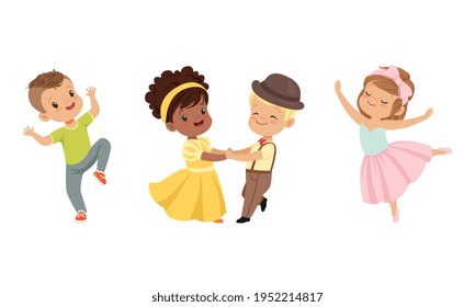 Little Boy and Girl Dancing in Pairs and Moving to Music Vector Illustration Set