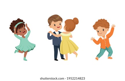 Little Boy and Girl Dancing in Pairs and Moving to Music Vector Illustration Set