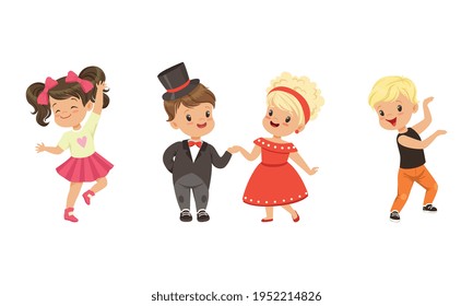 Little Boy and Girl Dancing in Pairs and Moving to Music Vector Illustration Set