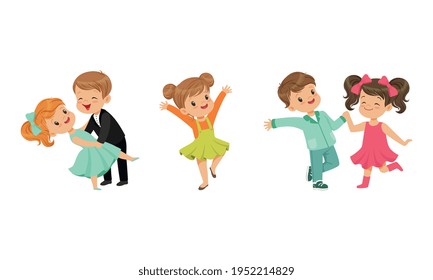 Little Boy and Girl Dancing in Pairs and Moving to Music Vector Illustration Set