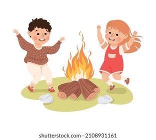 Little Boy and Girl Dancing and Singing Near Campfire Vector Illustration