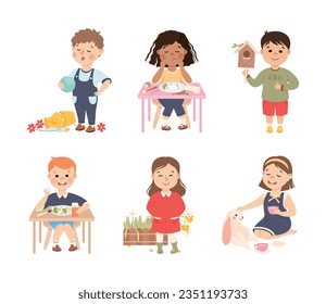 Little Boy and Girl with Different Type of Behavior Vector Set