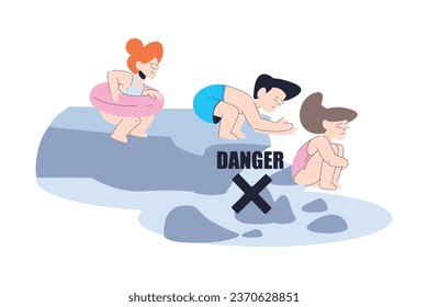 Little Boy and Girl Diving From Rock at Sea Vector Illustration