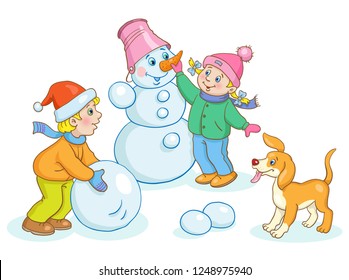 Little boy, girl and a dog make a snowman in the yard. In cartoon style. Isolated on white background. Vector illustration