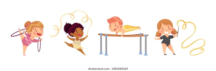 Little Boy and Girl Doing Gymnastics Vector Set