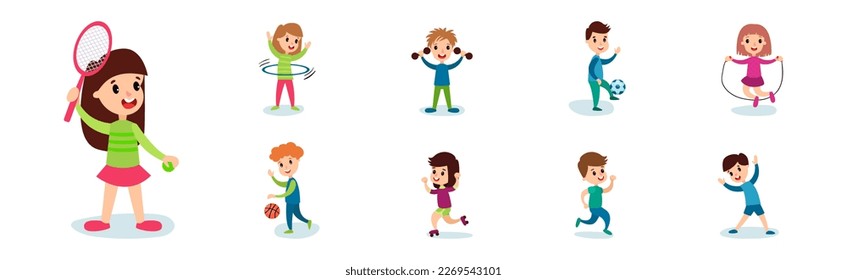 Little Boy and Girl Doing Sport Playing Tennis, Football and Roller Skating Vector Set
