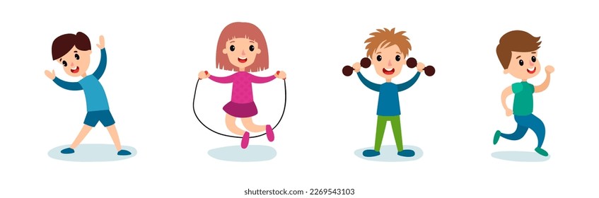 Little Boy and Girl Doing Sport Running, Lifting Dumbbells and Skipping Rope Vector Set