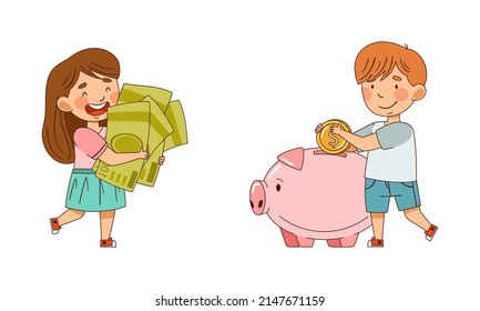 Little Boy and Girl with Dollar Coin and Piggy Bank Vector Illustration Set