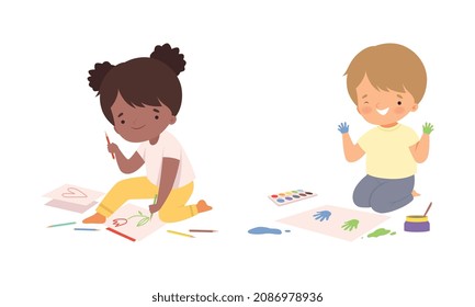 Little Boy and Girl Drawing on Paper with Colored Pencil and Paints Vector Set