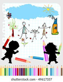 little boy and girl drawing on a note book paper