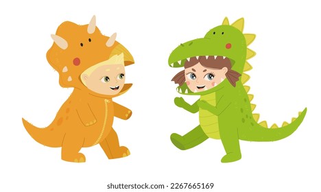 Little boy and girl dressed in jumpsuit kigurumi in form of dinosaurs. Boy in triceratops costume and girl in t rex with hood and tail. Cozy dino pajamas. Cartoon flat vector illustration