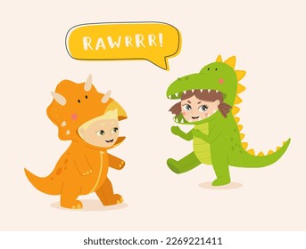 Little boy and girl dressed in jumpsuit kigurumi in form of dinosaurs. Boy in triceratops costume and girl in t rex with hood and tail. Cozy dino pajamas. Cartoon flat vector illustration