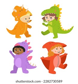 Little boy and girl dressed in jumpsuit kigurumi in form of dinosaurs. Boy in triceratops and stegosaurus costume and girl in t rex and pterodactyl. Cozy dino pajamas. Cartoon flat vector illustration