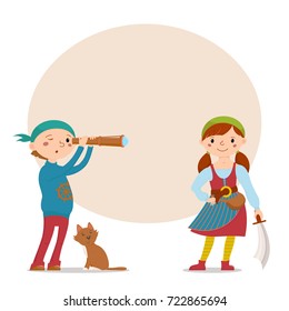 Little boy and girl dressed as pirates with cat, spy glass, sword and round place for text, cartoon vector illustration isolated on white background. Kids, boy and girl, dressed as pirates
