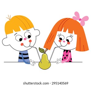 little boy and girl drinking pear juice