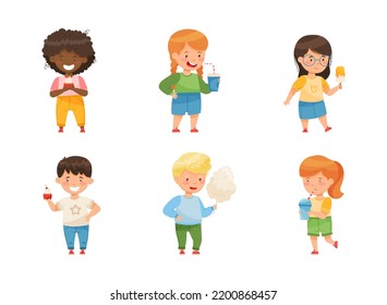 Little Boy and Girl Drinking Soda with Straw and Eating Confection Vector Set