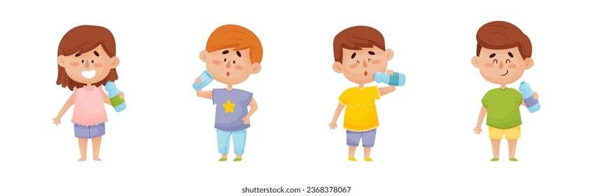 Little Boy and Girl Drinking Water from Glass and Plastic Bottles Vector Set