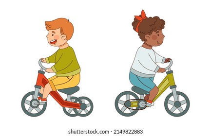 Little Boy and Girl Driving Bicycle Enjoying Outdoor Activity Vector Illustration Set