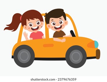 Little Boy Girl Driving Car Together Friendship Kid Children with Say Hello Pose. Activity Isolated Element Objects. Flat Style Icon Vector Illustration