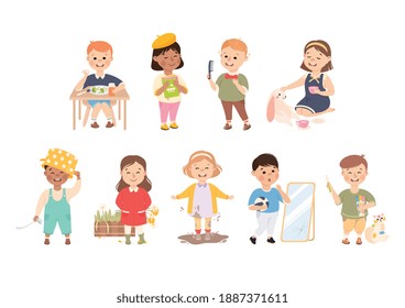 Little Boy and Girl Eating Breakfast, Grooming, Jumping in Mud and Picking Flowers Vector Set