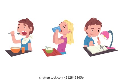 Little Boy and Girl Eating Breakfast and Drawing at Table Vector Set