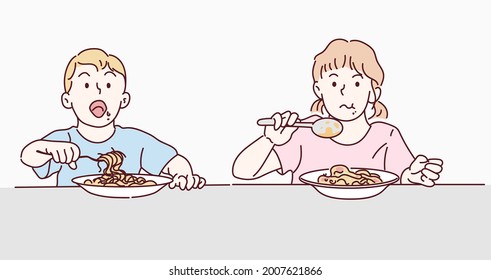 Little boy and little girl are eating spaghetti. Hand drawn in thin line style, vector illustration.