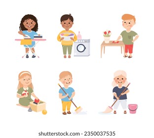 Little Boy and Girl Engagiert in Reinigung und Housekeeping Activity Vector Set