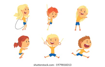 Little Boy and Girl Engaged in Physical Education and Athletics Skipping Rope and Running Vector Set