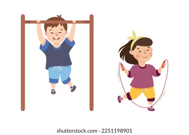 Little Boy and Girl Engaged in Physical Education at School Vector Set