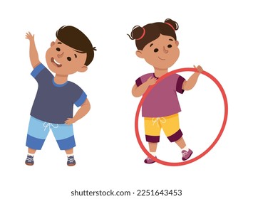 Little Boy and Girl Engaged in Physical Education at School Vector Set