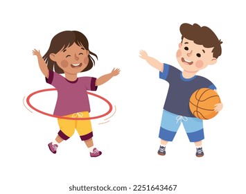 Little Boy and Girl Engaged in Physical Education at School Vector Set