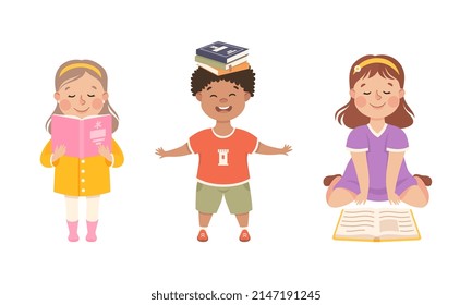 Little Boy and Girl Enjoying Reading Book Vector Set